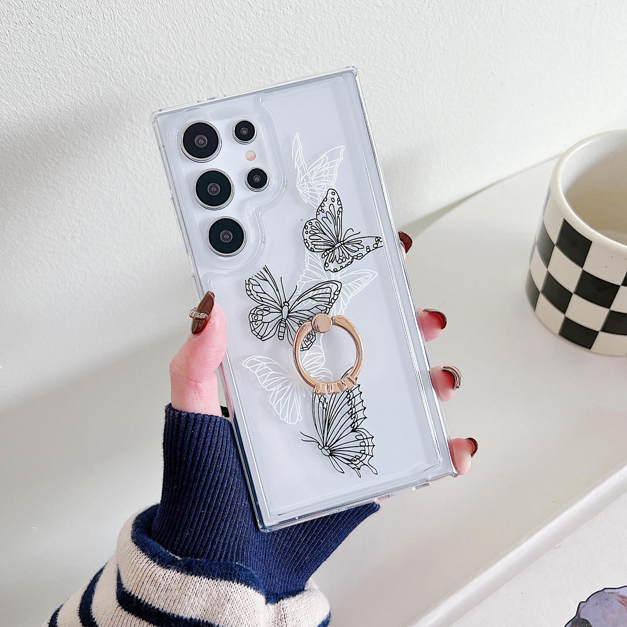 

For Samsung Galaxy S23 Ultra Phone Case with Kickstand Butterfly Pattern TPU Airbag Cover Style B