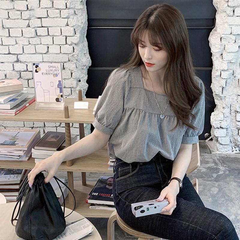 Damen Quadratischer Ausschnitt Puffärmel Kurzarm Bluse Normale Passform Kleines Karomuster Vichy Pullover Hemd Koreanisch Süß Frisch Sommer Lässig Oberteil