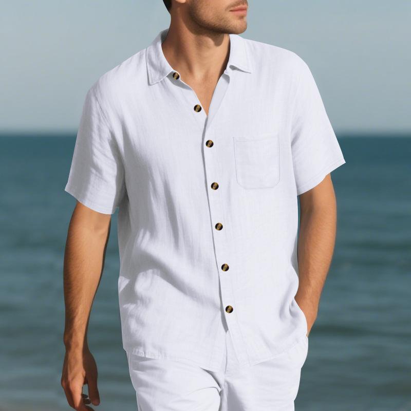 Summer Men's Lapel Shirt Woven Solid Color Simple Loose Casual Short-sleeved Shirt