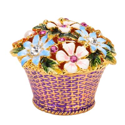 Flower Basket Jewelry Box Exquisite Vintage Hand Painted Metal Trinket Box with Rhinestones for