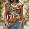 Women Plus Size V Neck Wide Short Sleeve Landscape Text Printed T Shirt