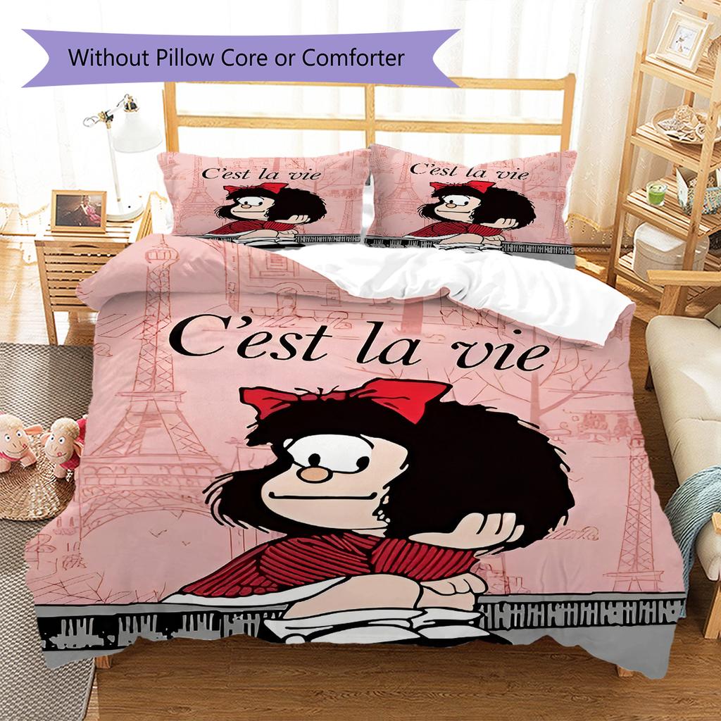 Pościel z wzorem Mafaldy, Zestaw kołdry Poszewka na kołdrę Poszewka na poduszkę Domowy prezent urodzinowy (1 * poszwa na kołdrę + 2 * poszewki na poduszki, bez rdzenia)