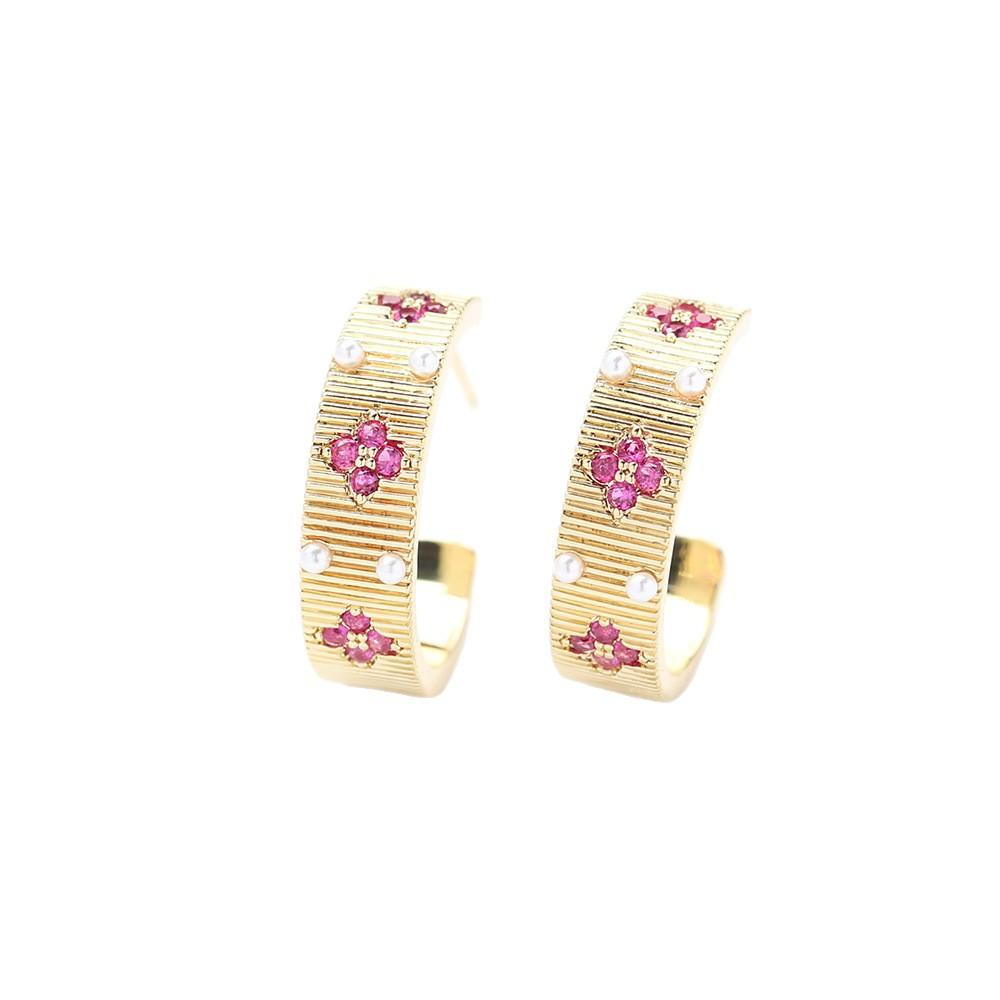 European and American niche gold inlaid stone red flower gold earrings temperament versatile 925 silver needle pearl stud earrings women's