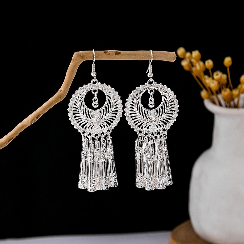 Vintage Miao Silver Minority Wind Earrings Personalized Bohemian Style Flower Long Fringed Earrings