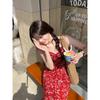 Kumikumi French Style Retro Red Floral Print Dress Women Summer Holiday Style Bow Lace-up Beach Long Dress