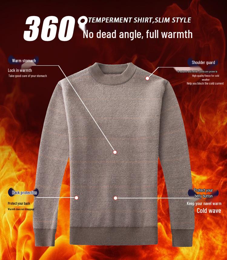 Men's 100% Pure Cashmere Thickened Fleece-Lined Winter Sweater - Solid Color, Round Neck, for Middle-Aged.