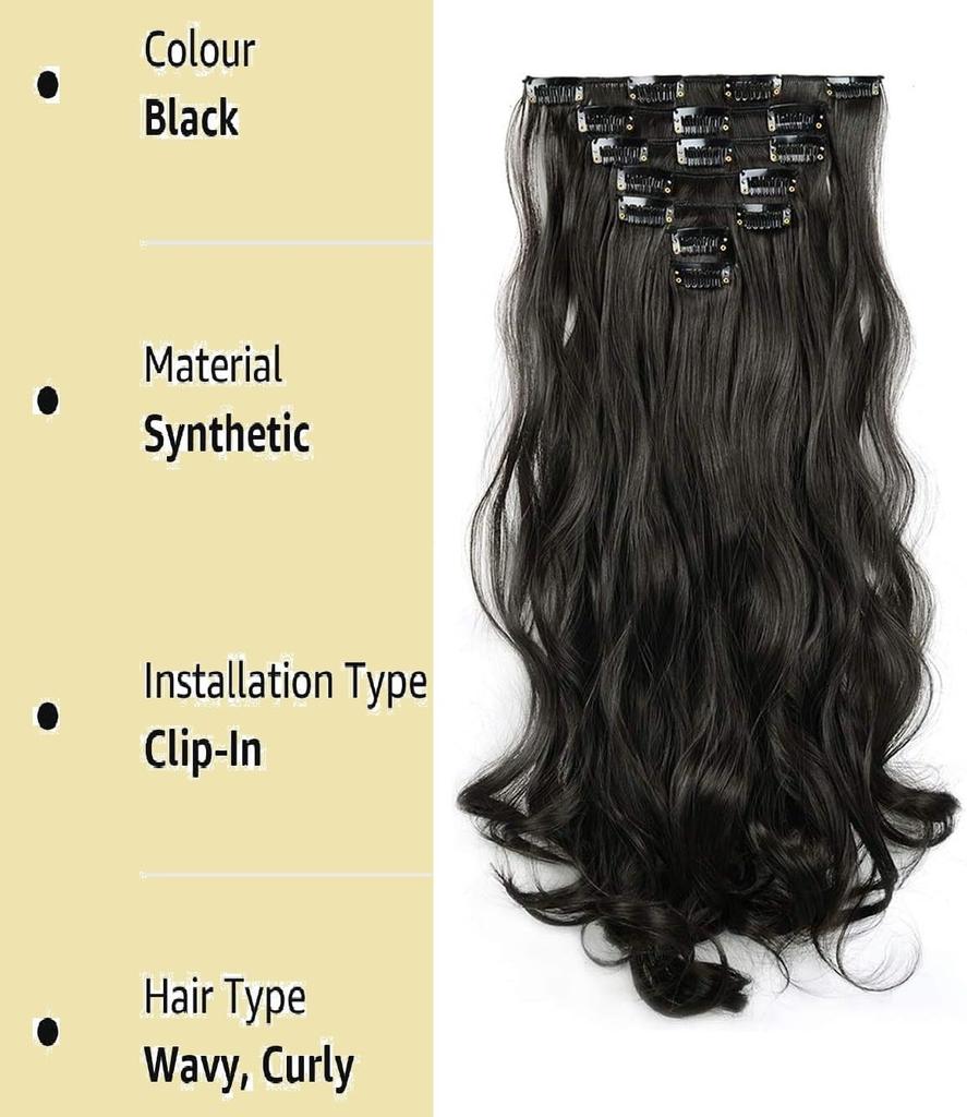 MoonEyes 7 Piece Set 16 Clips 24-26 Inch Curly/wavy Full Head Clip In On Hair Extension for Girls, Women or Lady Hair Extension (Natural Black)