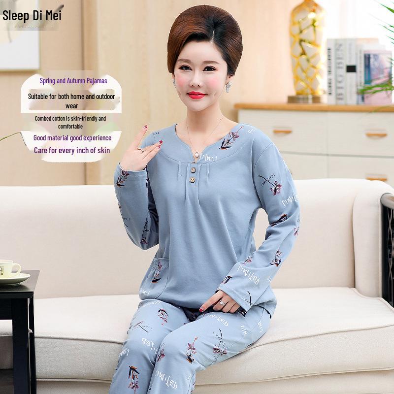 Women's Plus Size Knitted Cotton Home Wear for the Middle-Aged and Elderly - Suitable for Autumn and Spring