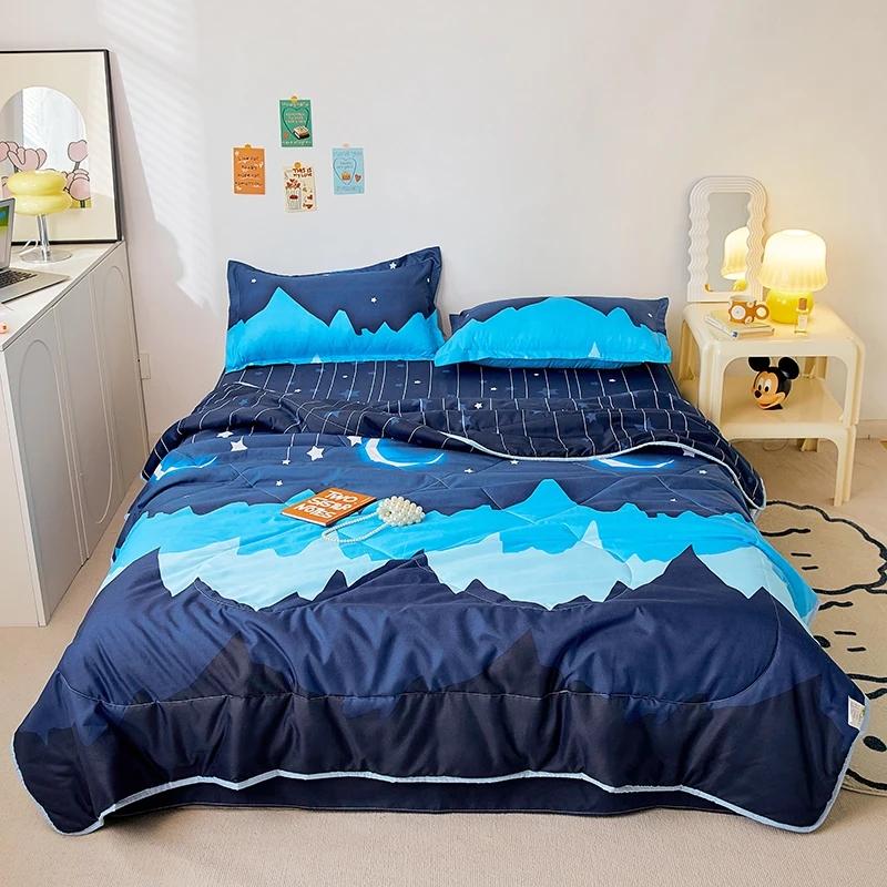 Soft Summer Quilt Skin Friendly Blue Air Conditioning Comforter Star Moon Printed Home Double Bed Sofa Blanket for Adult Kids