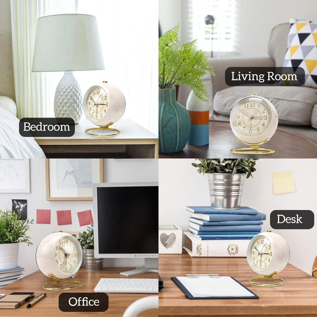 JUSTUP Mini Table Clock, Classic Silent, No Tick-a-Mouth, Analog Alarm Clock, Backlit, HD Glass, for Bedroom, Living Room, Kitchen, Home Decor (White)
