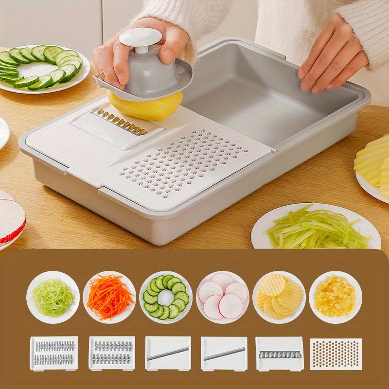 6 in 1 Multi Functional Kitchen Cutting Board with Stainless Steel Slicer, Draining Basket , BPA Free Plastic, Dishwasher Safe, Non-Slip Base