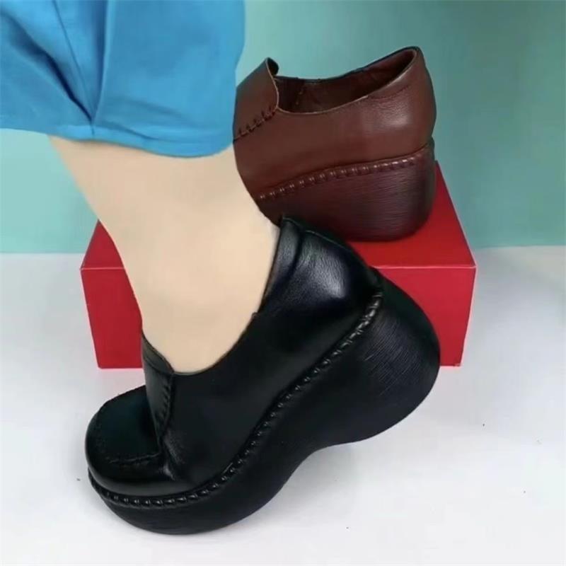 New Autumn Retro Soft Leather Shoes Children's Waterproof Platform Thick-soled Wedge Heel Single Shoes Middle-aged and Elderly Mother Leather Shoes