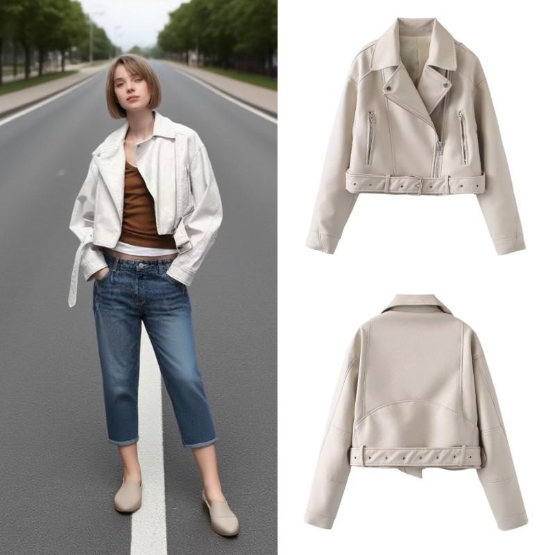 Womens PU Faux Leather Moto Jacket Short Fit Streetwear Oversized Biker Style With Zipper Patchwork Detail