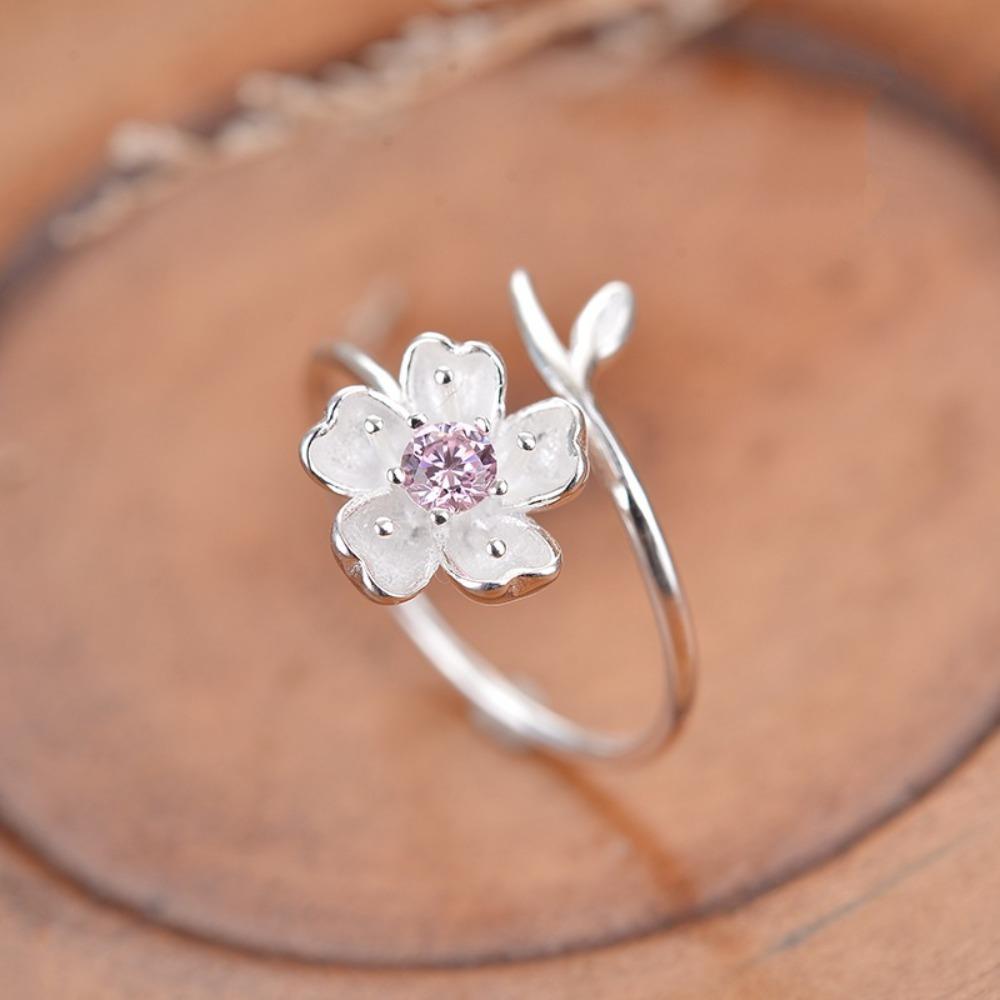 Women Floral Ring Silver Adjustable Band Purple CZ Stone Minimalist Dainty Fashion Jewelry Gift