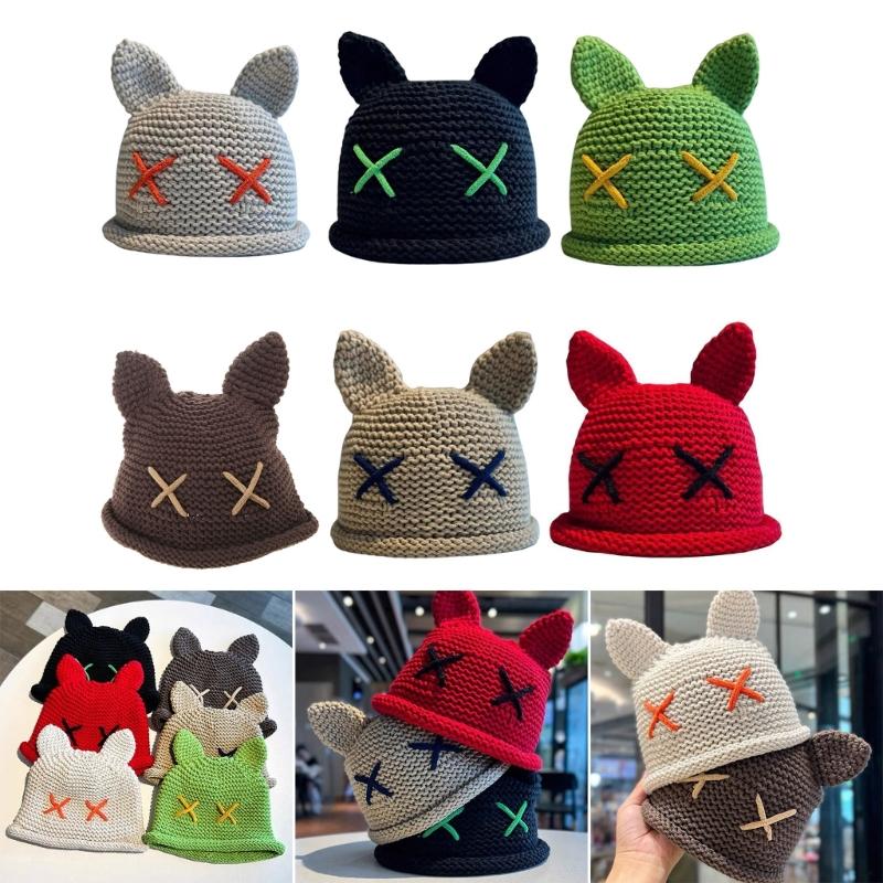 Popular Bobble Hat Knit Beanie Hat with Cat Ear Women Winter Warm Hat Sweet Girls Bucket Hat Soft Breathable Skull Cap