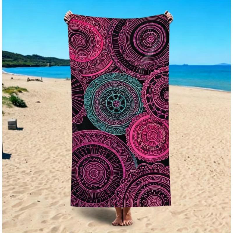 Oversized Microfiber Beach Towel, Boho Mandala Floral Print, Quick Dry Sand Resistant, for Summer Beach Pool Vacation