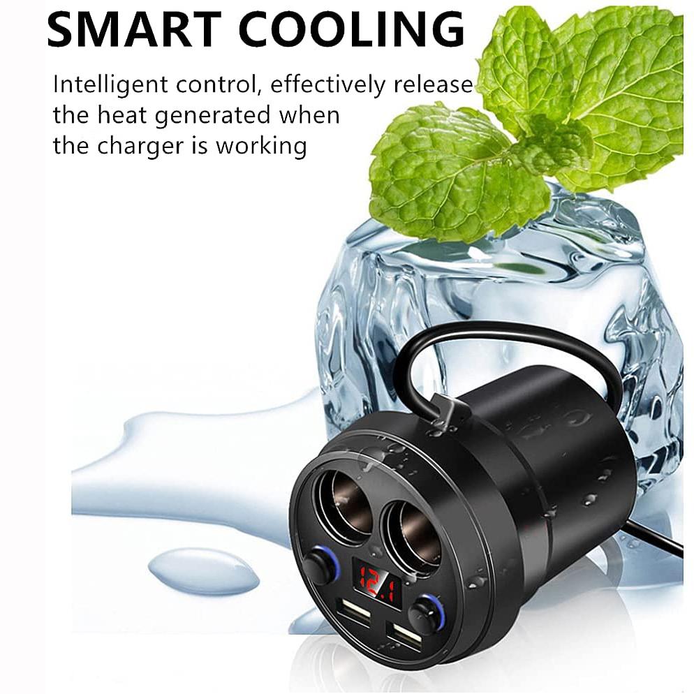 Auto Socket Lighter Splitter, Car Charger 2USB QC 3.1 and 2 Socket Cup Shape Auto Socket Lighter Adapter with LED Voltage Display Dual On/Off Switches