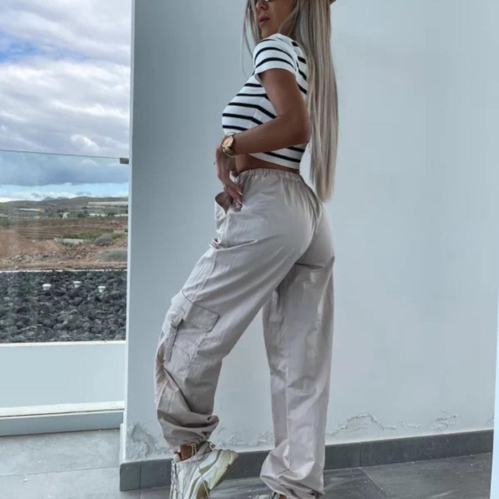 Women Multiple Pockets Pants Drawstring Relaxed Fit Hiking Construction Work Pants Apricot M