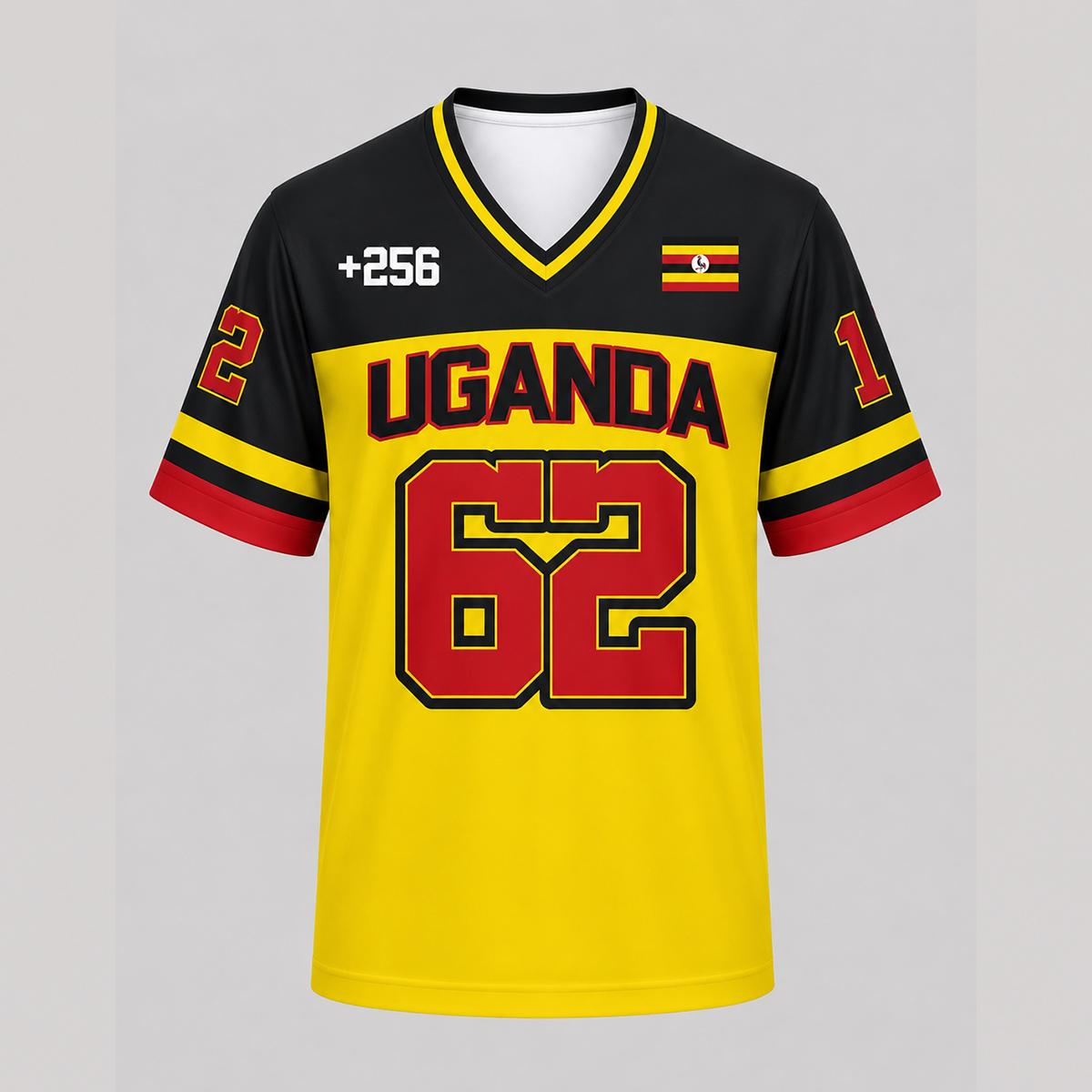 Uganda Satin V-Ausschnitt T-Shirt, Herren Ethnisches Retro-Print Flaggenmuster, Urlaubsmode T-Shirt, Beliebter Stil L yellow