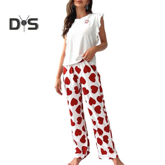 

Женский атласный пижамный комплект, топ с оборками и широкие брюки, повседневный комплект из 2 предметов домашней одежды для отдыха XL красный