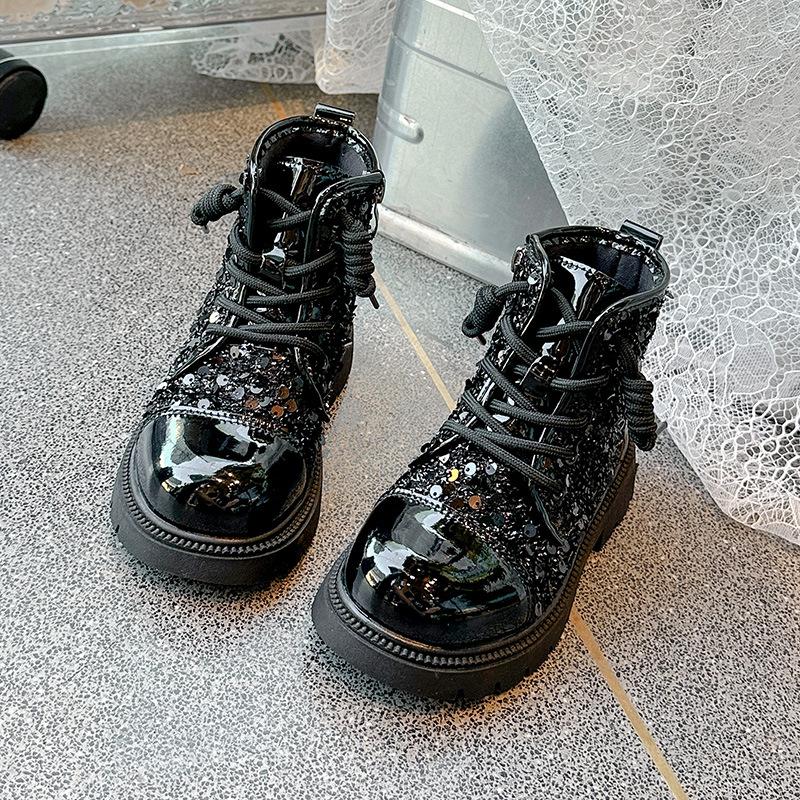 Silver Martin Boots Spring and Autumn Shoes Children's Boots Model Catwalk Girl Shiny Boots Shiny Performance Black