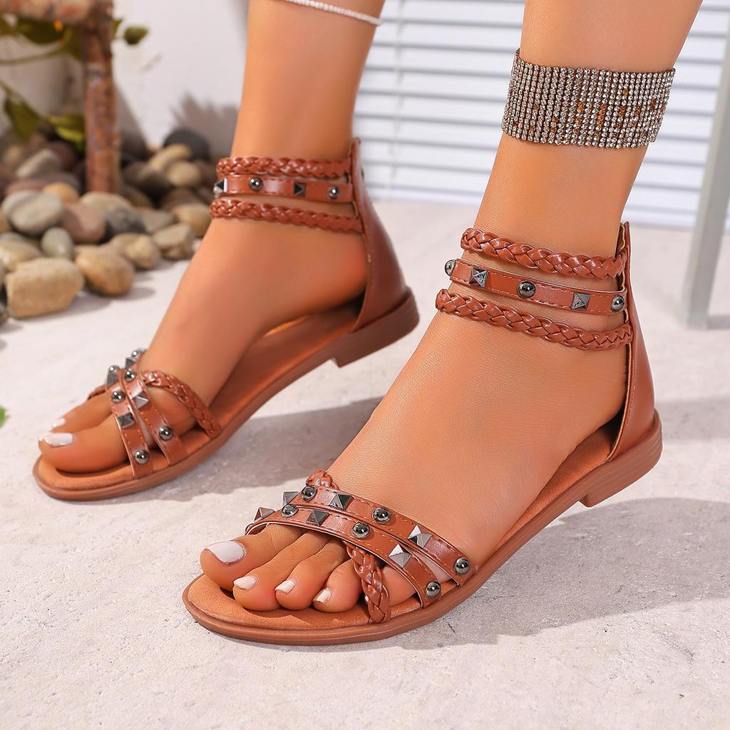 Fashion New Designer Women's Sandals Gladiator Flat Shoes Ladies Elegant Casual Summer Rivet Footwear for Girl Outdoor Sandals