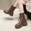 Fall New Round Front Lace-up Side Zipper Comfortable Mid-calf Boots for Women Chunky Heel Boots