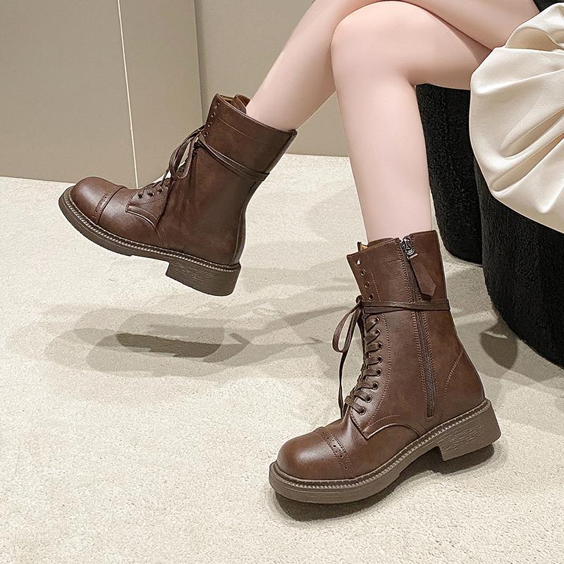 Fall New Round Front Lace-up Side Zipper Comfortable Mid-calf Boots for Women Chunky Heel Boots