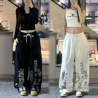 Retro Y2K Dames Wijde Track Pants Casual Street Dance Baggy Joggers Trainingsbroek Trendy Print Letterontwerp Veelzijdig