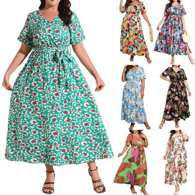 Large Size Loose V Neck Dress Women's Elastic Waist Short Sleeve Printed Long Skirt