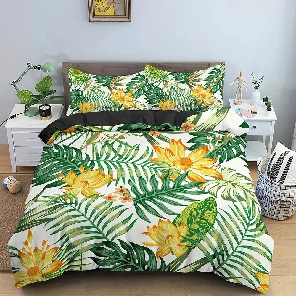 Green Plant Leaves Duvet Cover Set Floral Bedding Set Tropical Pattern Quilt Comforter Cover With Pillowcase Home Textile