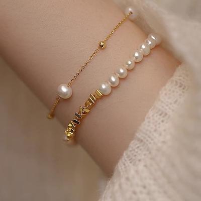 Women's Two Pearl Bracelet with Broken Silver Light Luxury Temperament All-Match Bracelet Petty Gold Square Design for Girlfriend