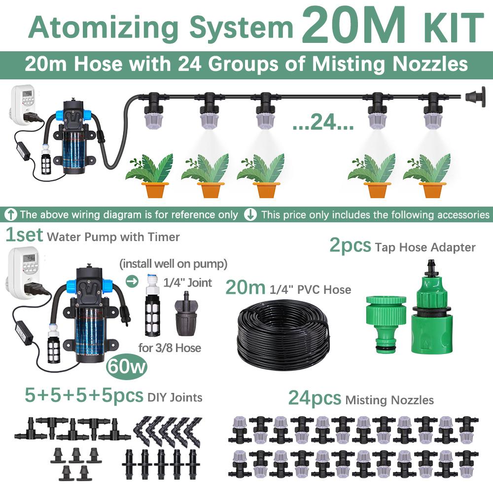30-10m 60W Self-priming Pump Kit Misting Cooling System 1/4" 4/7mm Adjustable Nozzle Atomizer Sprayer Garden Irrigation Watering