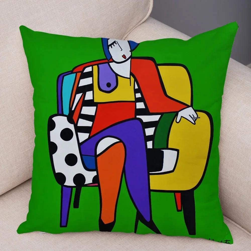 Geometric Cartoon Girl Decorative Pillowcase Living Room Office Ornaments Home Pillowcase