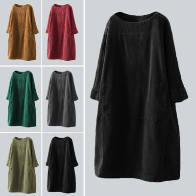 High-Quality Big Size Women Autumn Winter Casual Warm Solid Color Pockets Corduroy Loose Midi Dress