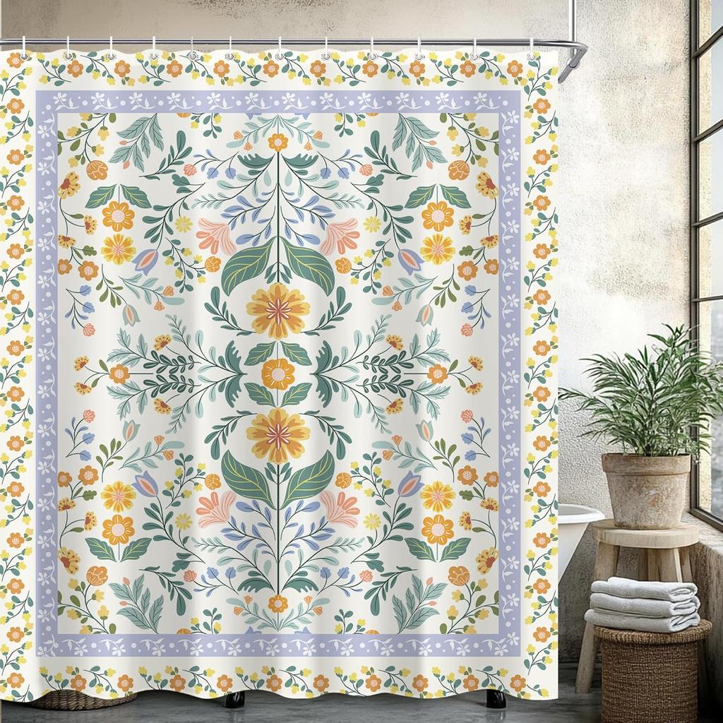 Boho Vintage Flower Shower Curtain Sets For Bathroom Retro Floral Shower Curtain Rustic Country Polyester Bathtub Curtain