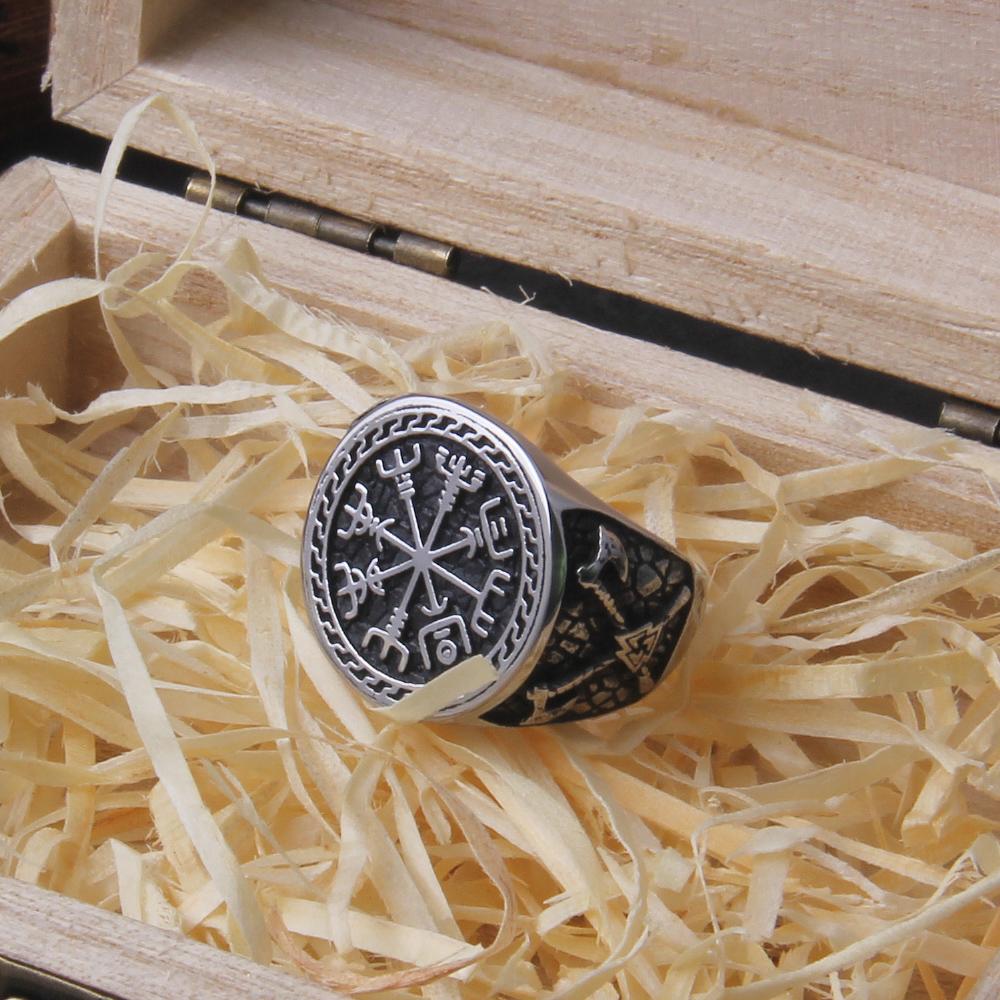 Viking Axe Ring Stainless Steel Odins Rune Signet Celtic Knot Biker Jewelry for Men with Wooden Box Gift