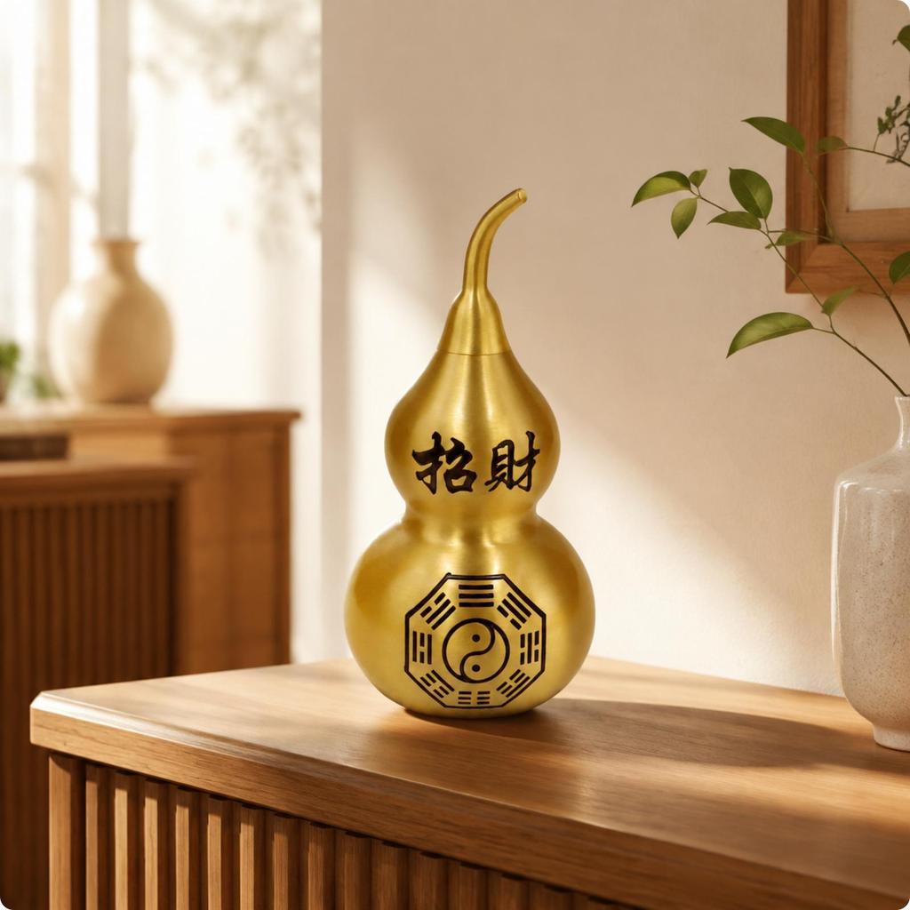 Feng Shui Brass Gourd with Bagua Symbol | DoubleLobed Shape, Calabash YinYang Motif, for