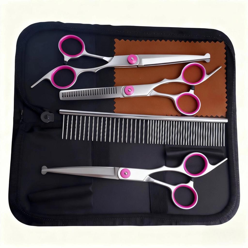 Portable Pet Grooming Scissor Set: Flat & Curved Hairdressing Tools