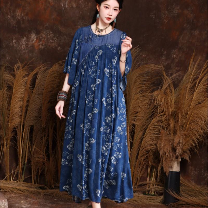 Johnature Chinese Style Disc Buckle Print Dress Summer Woman Loose Splicing Cotton Half Sleeve O-Neck Dress