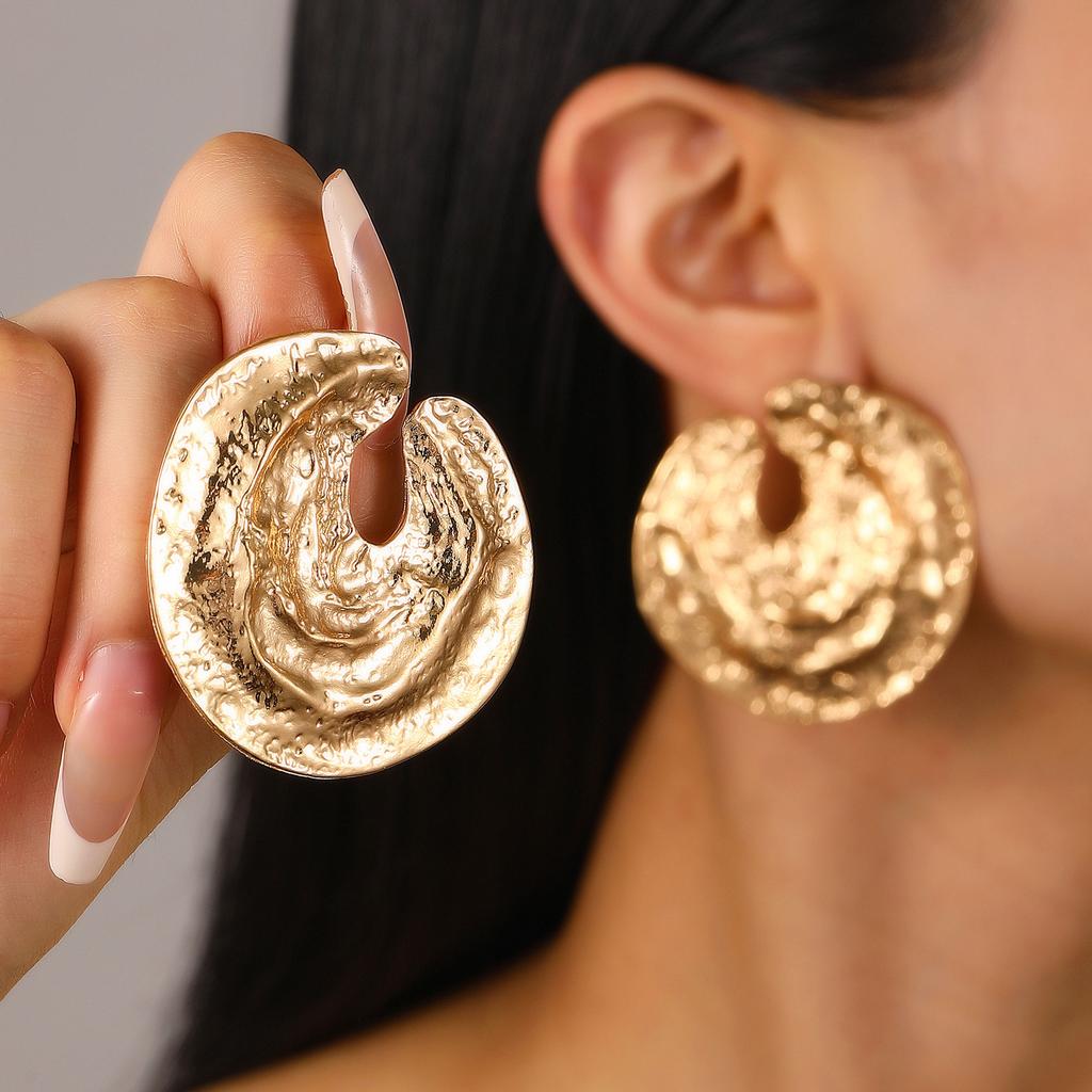 Exaggerated Gold Color Heart Oval Earrings For Women Metal Earing Jewelry Trending Irregular Wrinkled Geometric Earrings