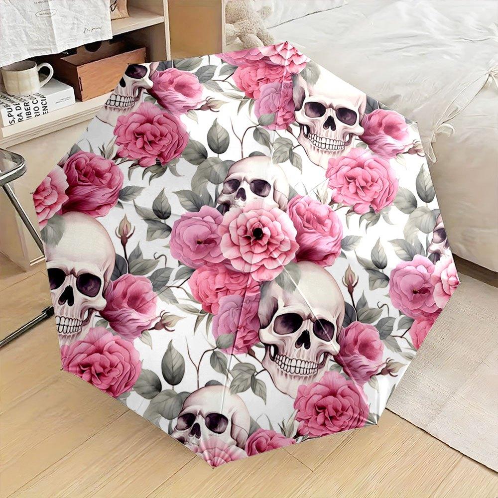 

-Themed Folding Umbrella Featuring a Floral Skull Design, Perfect As a Portable Gift for Christmas, Halloween, And Other Festi Iron&8K