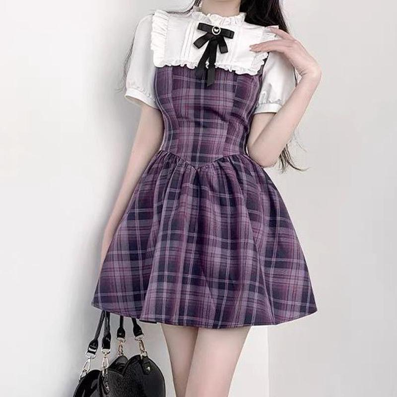 Women Vintage Plaid Patchwork College Style Bow Sweet Dresses Summer Harajuku Ruffles Short Sleeve Slim Kawaii Fairy Mini Dress