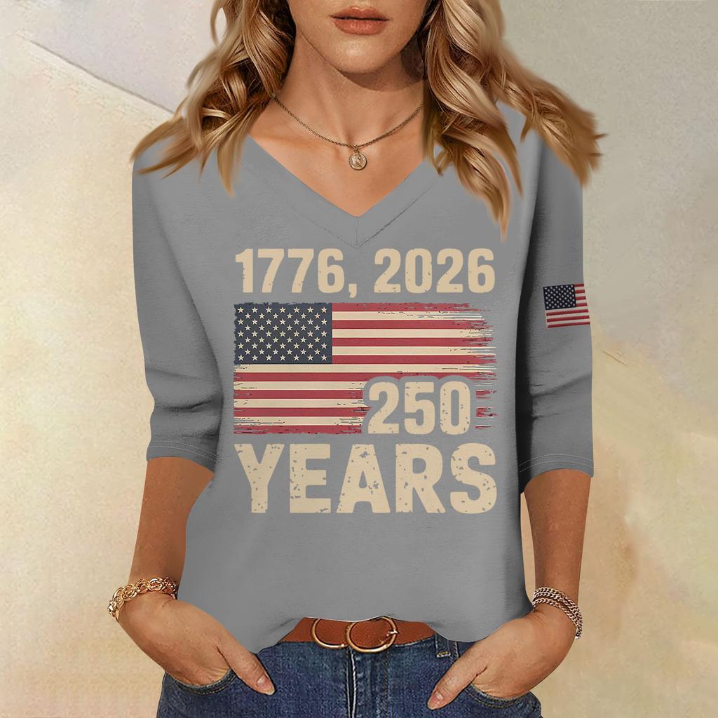 Womens V Neck 3/4 Sleeve Top with Printed States Flag and 250 Years Letter Design Casual Fit