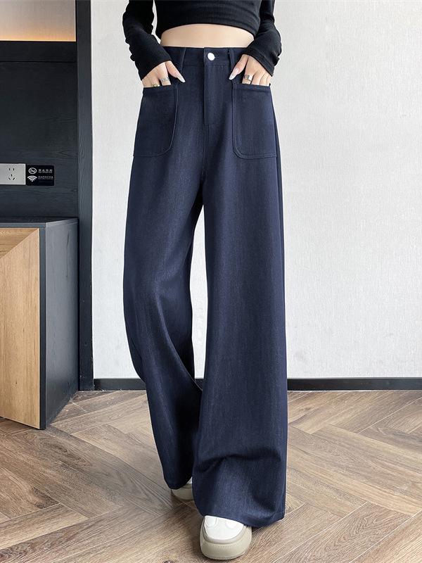 Women's Denim Slim-Fit Wide-Leg Jeans - Blue, Autumn/Winter, Loose, Slimming, Petite Drapey Straight-Leg Casual Pants