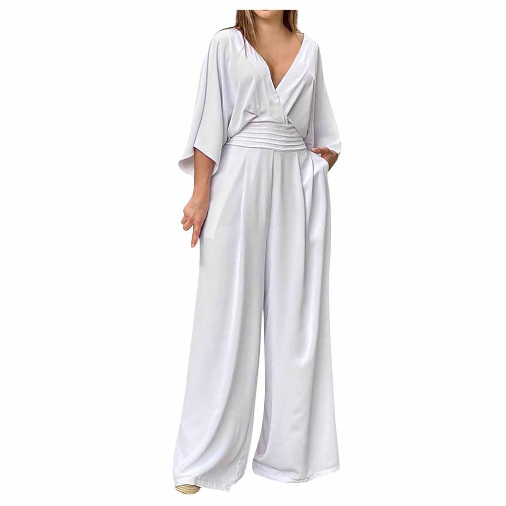 Mote dame ensfarget jumpsuit erme V-hals ryggløs midje løs vidde ben jumpsuit