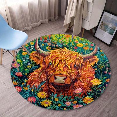 Colorful Highland Cow Floral Meadow Round Rug Crystal Velvet Nature Art Home Decor Vibrant Animal Print Living Room Carpet