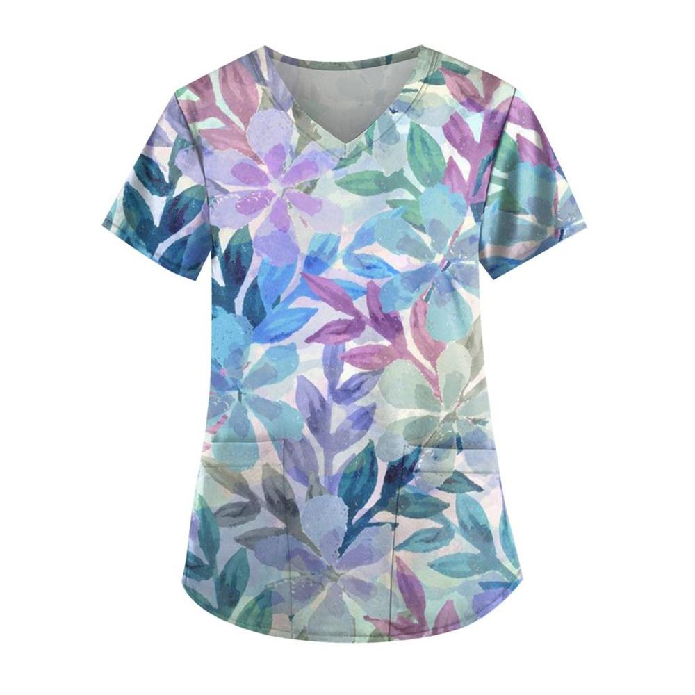 Scrub Medical Woman Floral Print Vet Nursing Tops Fashion V-Neck Short Sleeve Patch Pocket Health Care Clinical Uniform Woman