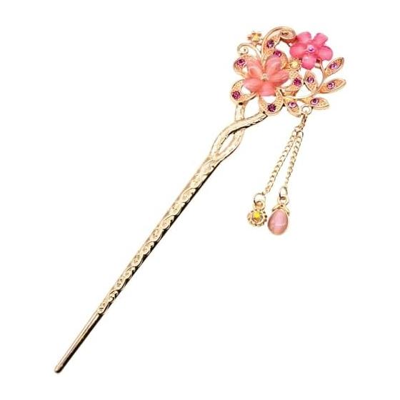 Miaomyao Hair Stick Kanzashi for Kimono and Yukata, Metal Cherry Blossom Flower with Pink Crystal, Rose Gold Hair Accessory, Transparent Design,