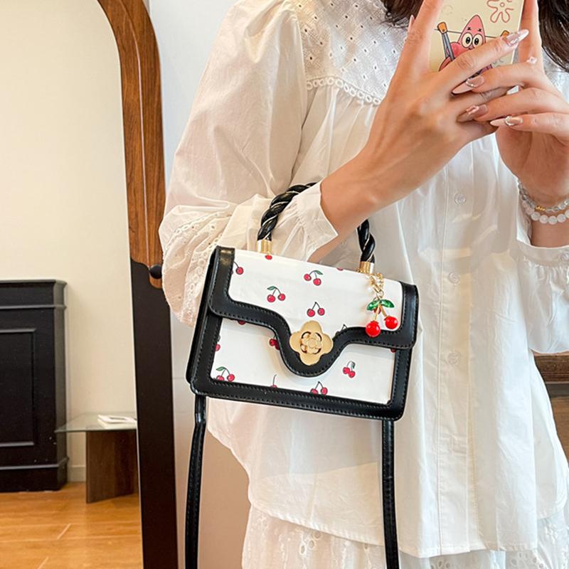 Women Cherry Square Bag PU Leather Sweet Cherry Crossbody Bag Adjustable Strap Sling Ladies Outdoor Small Handbags